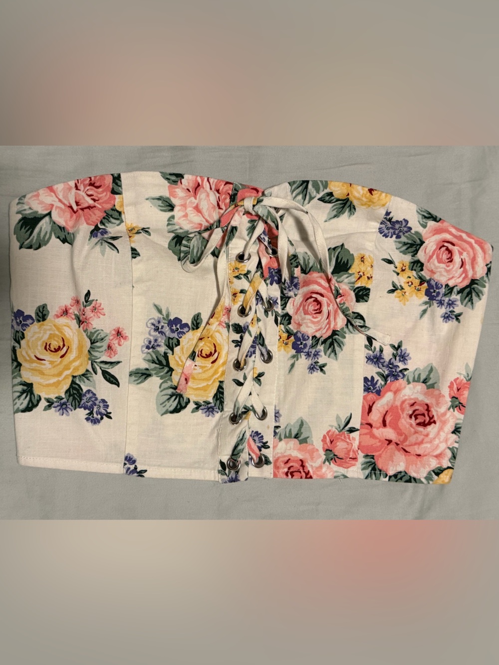 Forever 21 White Floral Lace-Up Tie-Front Tube Top